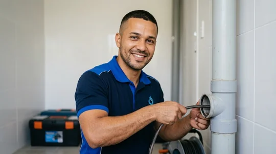 Técnico da Oziel Hidro Desentupidora realizando desentupimento de colunas em Londrina