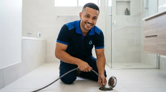 Técnico da Oziel Hidro Desentupidora realizando desentupimento de ralo em Londrina