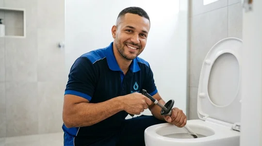 Técnico da Oziel Hidro Desentupidora realizando desentupimento de vaso sanitário em Londrina